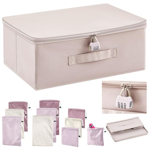 Discreet Lockable Adult Toy Bag Storage Organizer with 9 Pcs Toy Storage Drawstring Bags Organizer for Women and Men 3 Sizes 15 x 10 x 6.3 Inches Lockable Box Travel Container(Pink Gray)