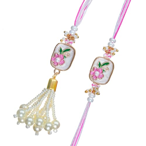 Image of eCraftIndia Pink White Floral Designer Bhaiya Bhabhi Rakhis with Best Bro Ever Fridge Magnet | Set of 2 Rakhi for Brother and Bhabhi | Lumba Rakhi | Roli Chawal Pack