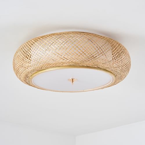 Bamboo Flush Mount Ceiling Light Handwoven Rattan Light Fixture, 3 Lights Boho Ceiling Lamp for Bedroom, Entryway, Foyer (15-inch)
