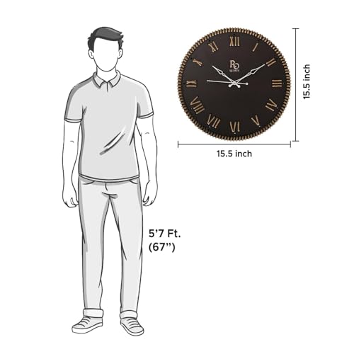 Image of Wooden Round Shape Roman Dial Wall Clock with Golden Jute Detailing and Silver Hands | Silent Quartz Movement Anti Reflection Analog Vintage Clock for Office and Home (Black, 15.5 Inch)