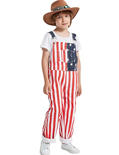 Oeyfnbmo Boy's Denim Bib American Flag Overall Adjustable Straps 4Th Of July Cute Jean Jumpsuit &Rompers Kids For 3-14 Years(Red,8) #TOP6