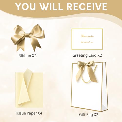 Image of JMANNI Gift Bags with Handles, 11.4 inch Small Mothers Day Gift Bag for Presents, 2 Pcs Bags with 4 Tissue Paper and 2 Cards for Baby Shower Wedding Bridal Shower Mother's Day Birthday Party (white-gold)