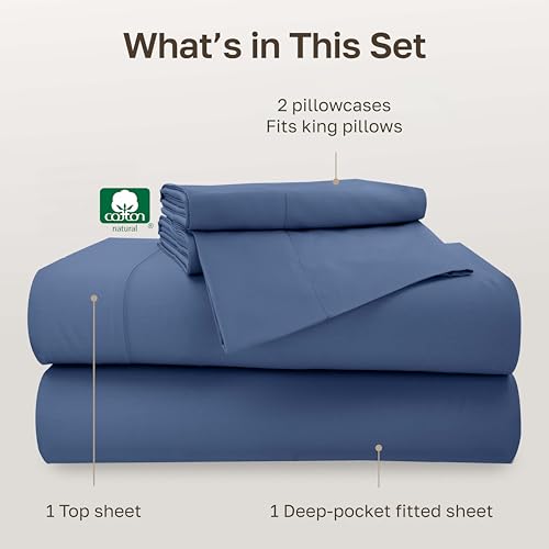 Image of California Design Den 500TC 100% Cotton King Size Sheets Set, Denim Blue | Good Housekeeping Seal, OEKO-TEX Certified, Silky-Soft Sateen Weave, 4pc Set, 16 inch Deep Pockets, For Hot Sleepers, All-Season
