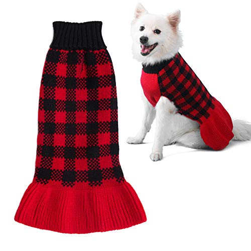 ZIFEIPET Plaid Hundepullover Kleid Herbst Winter Rollkragen Strickpullover Niedlich Pullover Strickware für Kleine Hunde Cover