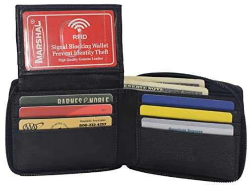 MARSHAL RFID Men's Leather Zipper wallet Zip Around Wallet Bifold Multi Card Holder Purse (Black)2