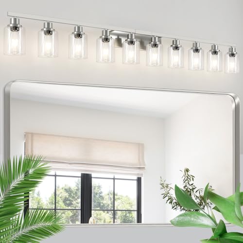 Image of Brushed Nickel Bathroom Vanity Light,10-Light Vanity Lights with Clear Glass,64.5in Modern Bathroom Wall Lights Fixtures Over Mirror,Wall Sconces Lighting for Bedroom Living Room,E26