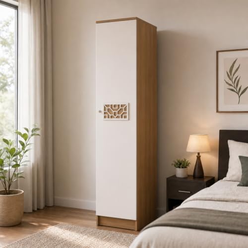 Image of Echo Multipurpose 1-Door Wardrobe | Engineered Wood | 4 Spacious Shelves & Drawer | Lyon Teak & White Finish | Compact & Durable | Easy Knock-Down Assembly