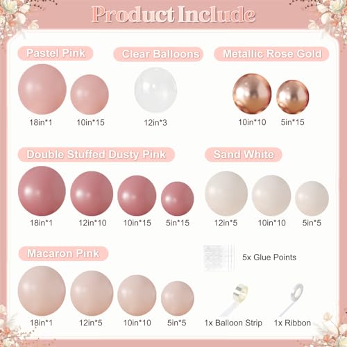 Dusty Rose Balloon Arch Kit, 126Pcs Dusty Pastel Pink Blush Sand White Rose Gold Clear Balloons for Mothers Day Wedding Baby Shower Bridal Shower Birthday Party Decorations — view 2
