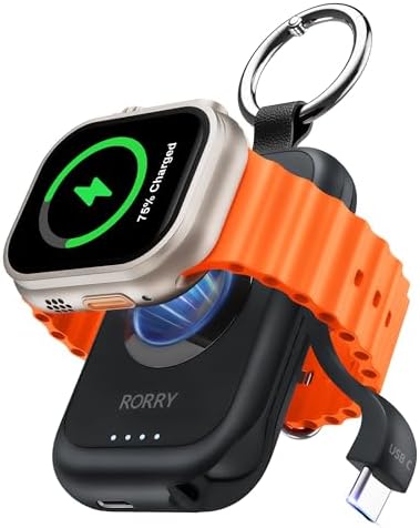 RORRY Portable Charger for Apple Watch, 2500mAh Fast Charging for iWatch Charger, Travel Essentials Gifts with Built-in USB C Cable for Apple Watch Series 10 9 8 7 6 5 Ultra 2 SE Accessories, Black