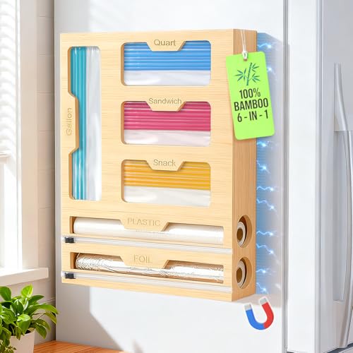 Magnetic Storage Bag Organizer 6 In 1 Ziplock Bag Organizer for Fridge and Drawer, Foil and Plastic Wrap Organizers with - Detailed View