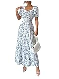 Floerns Women's Floral Short Puff Sleeve Milkmaid Dress Boho A Line Long Dresses Blue Medium