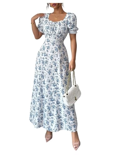 Floerns Women's Floral Short Puff Sleeve Milkmaid Dress Boho A Line Long Dresses