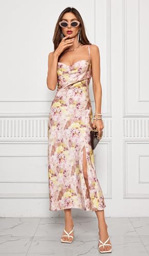 Image of Wedding Guest Dress for Women Spaghetti Strap Satin Slip Dresses | Slit Midi Dress, Cowl Neck, Cocktail, Formal, Evening Party