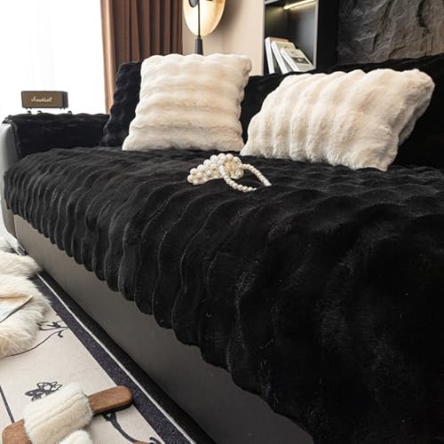Funda De Sofá 1 2 3 4 Plazas,Tela De Piel De Conejo Protector Cubre Sofa,Antimanchas Funda Para Sofá De Esquina,Con Base Antideslizante,Sofa Para Gatos ArañAzo Y Perros Mascotas(70*240cm,Black)