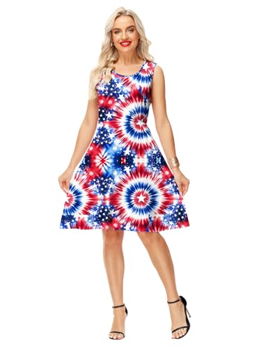 Image of Deerose 4th of July Dress for Women Sleeveless American Flag Patriotic Elastic High Waist Sundress