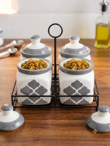 Image of Niyara Multipurpose Storage Ceramic Pickle set Jars with Lid & tray & spoon & Salt Dispenser (Set of 4, 300 ML) (Square pickle set)