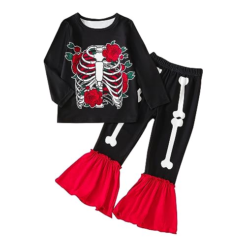 Conjunto infantil primavera e outono esqueleto esqueleto abóbora flor impressão manga longa flare ca