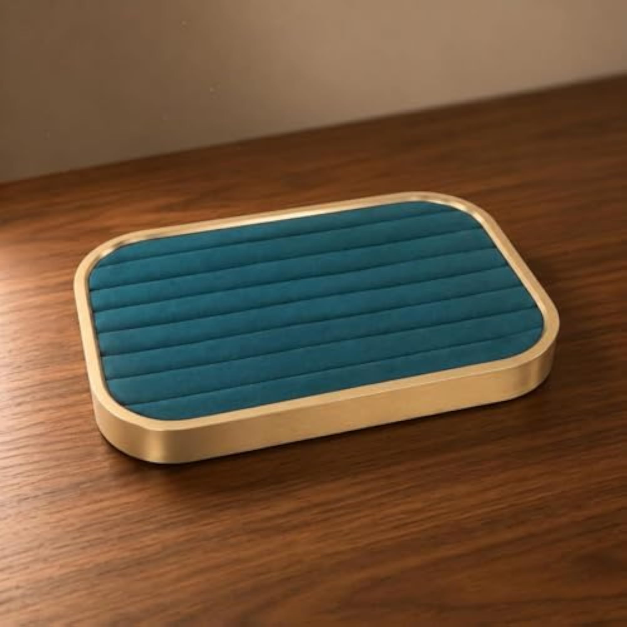 Peacock Blue Rectangular Jewelry Tray with Gold Frame