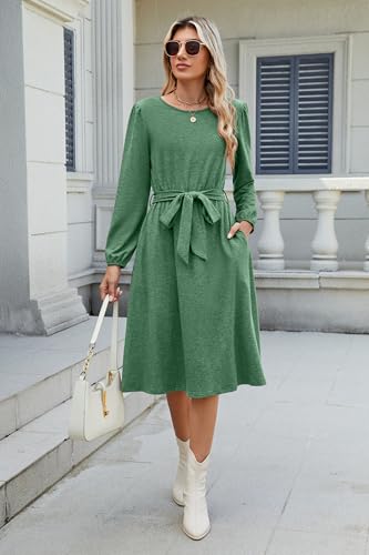 Image of Newshows Womens Long Sleeve Casual Dresses 2025 Business Work Teacher Fall Church Belted A Line Flowy Midi Dress