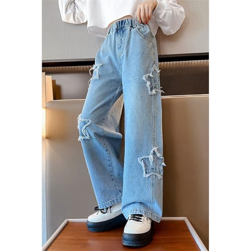 Girls Star Print Distressed Denim Pants Elastic Waist Baggy Wide Leg Jeans Ripped Causal Straight Denim Trousers2