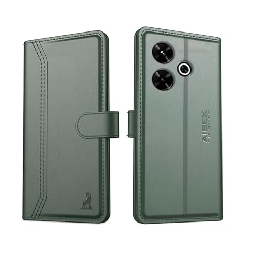 Image of AIBEX Compatible for Poco M6 Plus 5G / Redmi 13 5G Flip Cover Leather Finish with Magnatic Closure | Inside TPU with Card Pockets | Wallet Stand | Complete Protection Flip Case -Green