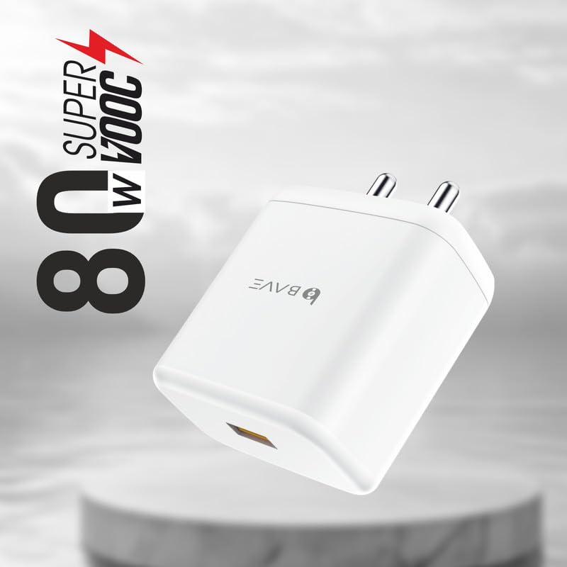 Image of BAVE 80W Supervooc Charger With Cable | USB-A Power Adapter | Fast Charging Wall Plug | Compatible With Oppo, OnePlus, Android Devices | Compact Travel Charger For Home & Office Use, White