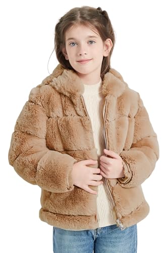 Image of Giolshon Girls Faux Fur Fleece Jacket Sherpa Fuzzy Hoodie Winter Coat with Full Zip Fluffy Outerwear 2169