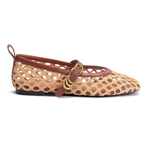 Raffia Woven Mesh Ballet Flats for Women Comfortable Metal Buckle Strap Mary Jane Ballet Flats Casual Closed Toe Ballerina Shoes.