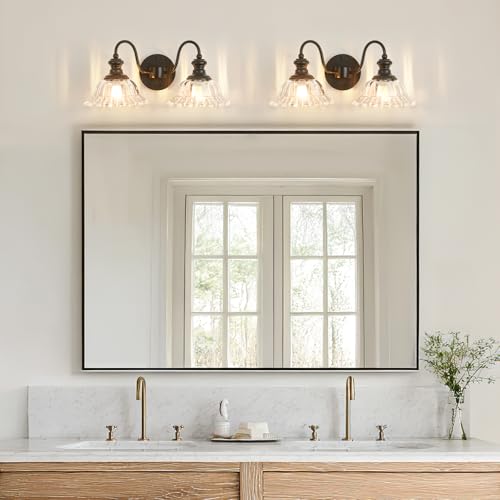 Image of 2 Lights Black Vintage Bathroom Vanity Light Fixture Over Mirror | Floral Transparent Glass Shades,Antique Wall Sconces,Wall Mount Up or Down, E26 Socket, Hardwired