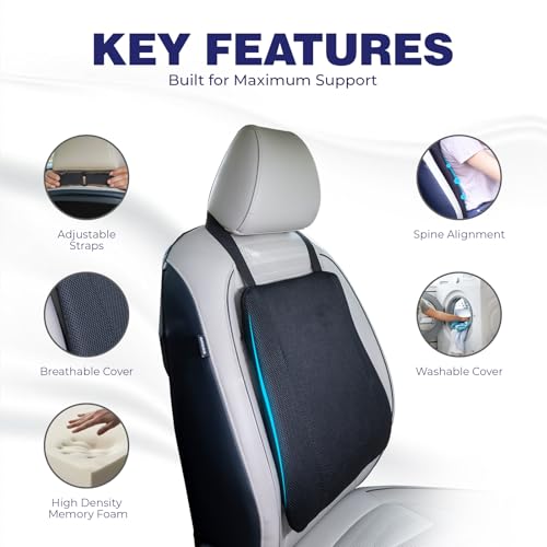 Image of WELLGIVER Memory Foam Lumbar Support Cushion for Car Seat & Office Chair - Orthopedic Lower Back Support Pillow for Back Pain Relief, Ergonomic Posture Corrector with Adjustable Strap & Breathable