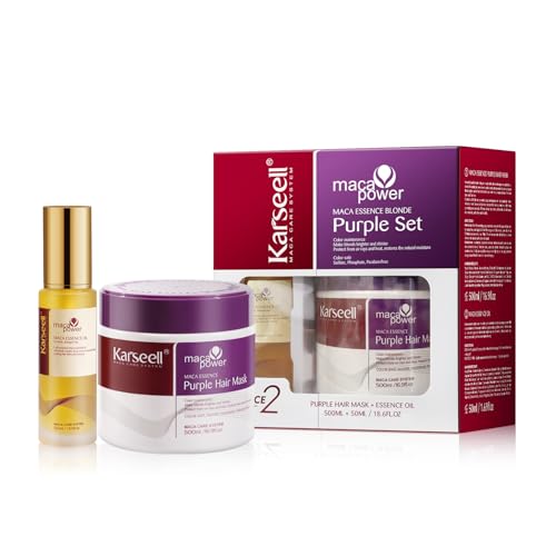 Karseell Mascarilla Pelo Violeta y Aceite de Pelo Maca Esencia, Reparación del Cabello Teñido Iluminar el cabello Para Pelo Rubio, Gris, Canas, 50ml + 500ml