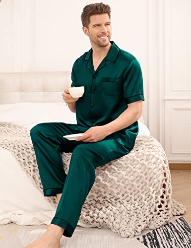 Image of SWOMOG Mens Satin Pajama Set Short Sleeve Classic Sleepwear Button Down Silky Loungewear with Long Pants