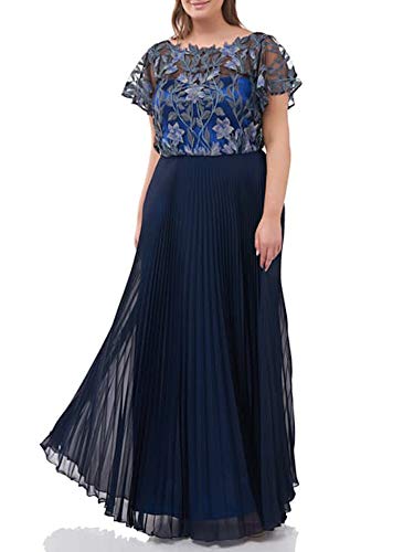 JS-Collection-Womens-Navy-Embroidered-Floral-Short-Sleeve-Jewel-Neck-Maxi-Accordion-Pleat-Formal-Dress-Size-14