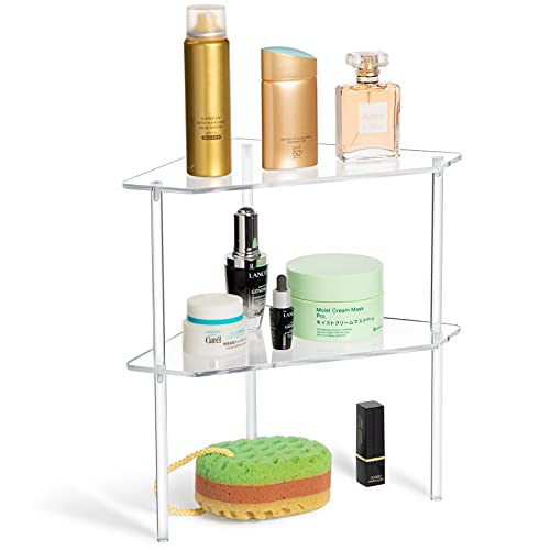 Jetec 2 Tier Corner Bathroom Organizer Countertop Shelf Acrylic Bathroom Table Organizer Vanity Tray Sink Stackable Clear Shower Corner Vanity Shelf for Kitchen Toilet Makeup Storage