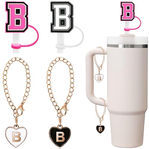 Straw Cover for Stanley Cup Accessories White Black Letter Cover Cap Letter Charms for Stanley 30&40 Oz Tumblers with Handle/Yeti,Initial Letter Name Plate Straw Toppers (B 2pcs letter & 2pcs charms)
