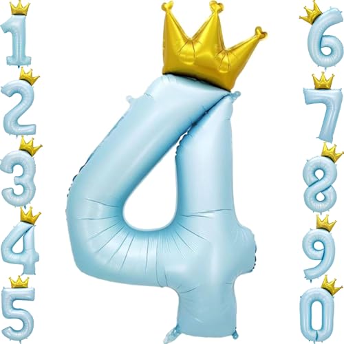 Image of MGJSRNH Giant Pale Blue 4 Number Crown Balloons 40 Inch Light Blue 4 Mylar Helium Large Crown Digital Balloon Baby Blue Birthday Numbers Balloons 4th Birthday Kids Theme Party Decoration Supplies
