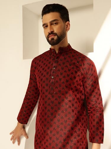Image of SOJANYA (Since 1958 Men's Jacquard Silk Contrast Red Thread Woven Design Kurta With Pyjama