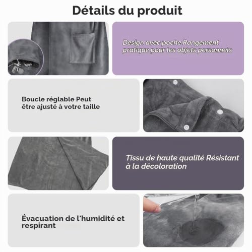VIBINHO Serviette de Bain Femme Robe de Bain Éponge Super Absorbante en Microfibre Douce, 80x140 cm, Gris, pour Sauna, Spa, Piscine, Plage – vue 4