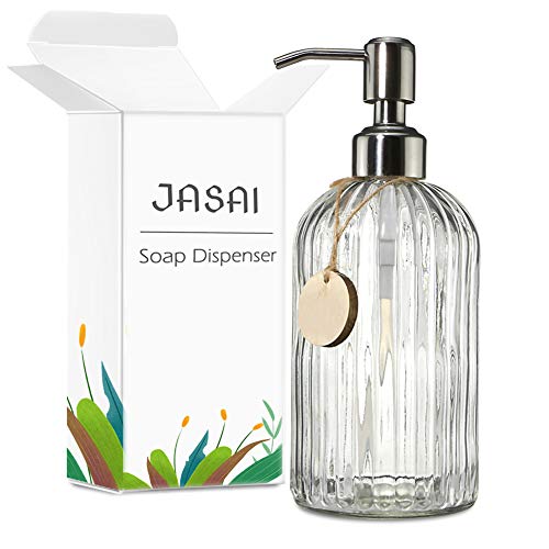 JASAI 18 Oz Clear Glass Soap Dispenser with Rust Proof Stainless Steel Pump, Refillable Liquid Hand Soap Dispenser for Bathroom, Premium Kitchen Soap Dispenser (Clear)