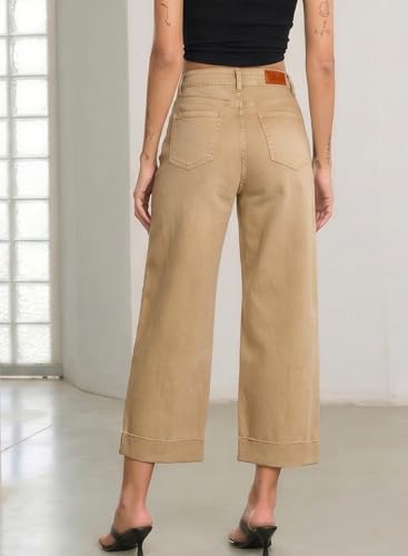 Image of Sidefeel Barrel Jeans for Women High Waisted Wide Leg Baggy Stretchy Trendy Raw Rolled Hem Capri Cropped Ankle Denim Pants