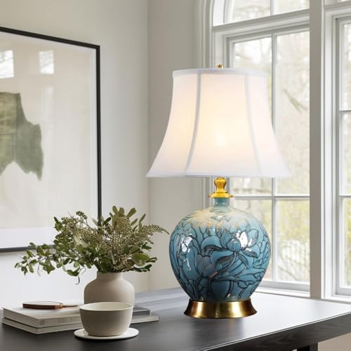 SQUSMAY Modern Coastal Table Lamp 23" Tall Blue Glazed Ceramic Desk Lamp with Fabric Shade Decor for Bedroom Living Room House Bedside Nightstand Home Office Entryway Family - Image 4