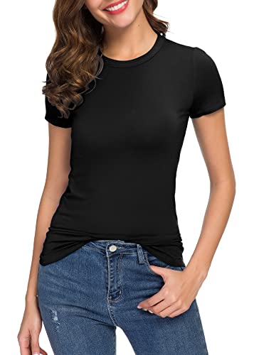 Women's Crewneck Slim Fitted Short Sleeve T-Shirt Stretchy Bodycon Basic Tee Tops2