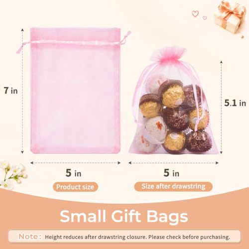 Image of 50PCS Pink Organza Bags 5x7, Small Gift Bags for Women, Cute Mesh Drawstring Pouches Mini Sheer Goodie Baggies for Her Birthday Graduation Wedding Bridal & Baby Shower Party Favors Gifts