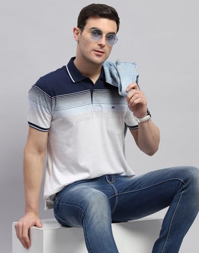 Image of Monte Carlo Mens Striped Polo Collar Half Sleeve Cotton Blend Casual T-Shirt (224064228)