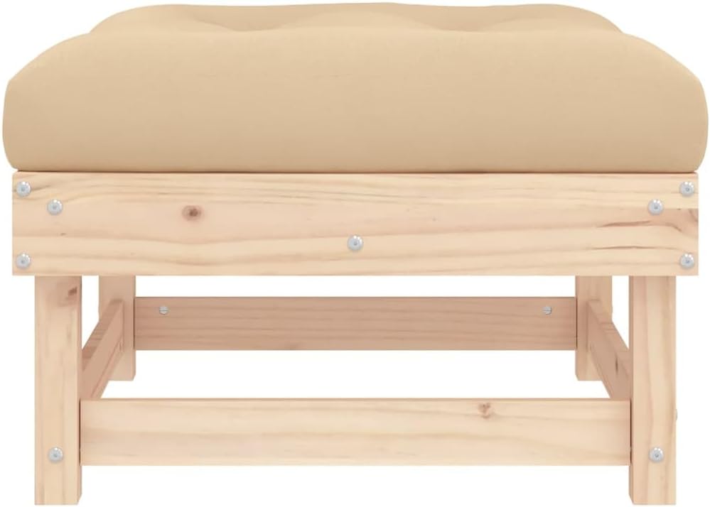 Rustic Outdoor Garden Footstool Beige 23.8x24x11.8in Solid Pine Wood Ottoman Cushioned Patio Ottoman Small Balcony Couch for Garden, Deck, Porch, Lawn