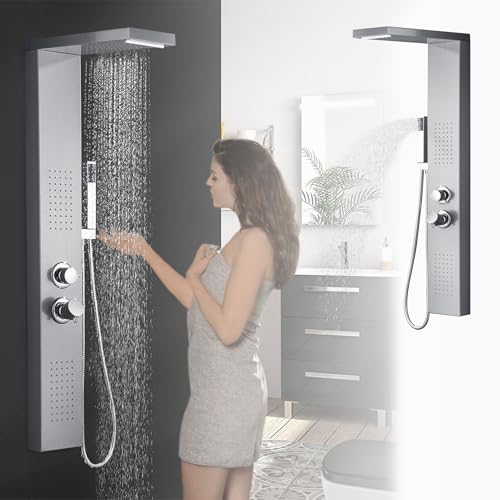 UISEBRT Système de douche en acier inoxydable brossé - Montage d'angle - Colonne de douche avec 4 douches à effet pluie multifonction (argenté)