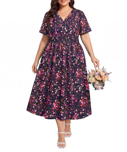 Image of CARCOS Plus Size Dresses for Curvy Women V Neck Summer Maxi Dress Short Sleeve Floral Boho Dress Smocked Waist Beach Dress