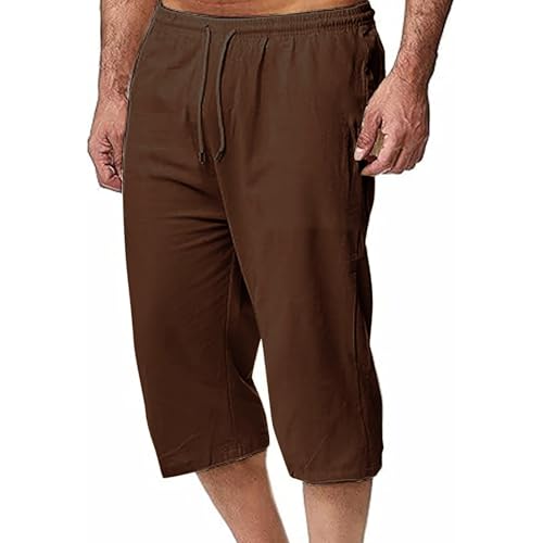 Mens Linen Capri Pants Summer Baggy Casual Beach Capris Lightweight Solid Drawstring Elastic Waist Yoga Trousers Plus4