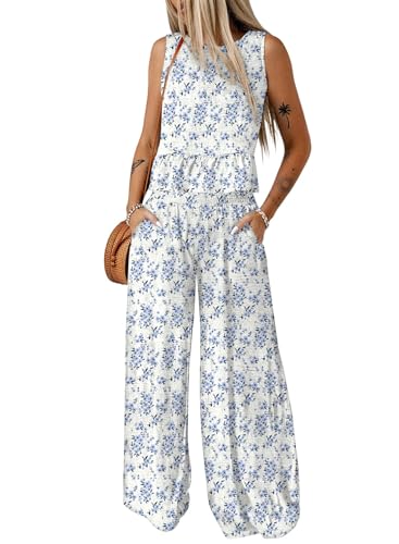 Image of Dokotoo Pants Sets Women 2 Piece Outfits Sleeveless Round Neck Tank Tops Matching Sets for Women Elastic Waist Wide Leg
