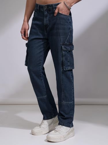 Image of Highlander Men Men's Relaxed-Fit Cargo Pocket Jeans | Clean Look | Cotton Comfort | Utility Style| Cargo Jeans for Man